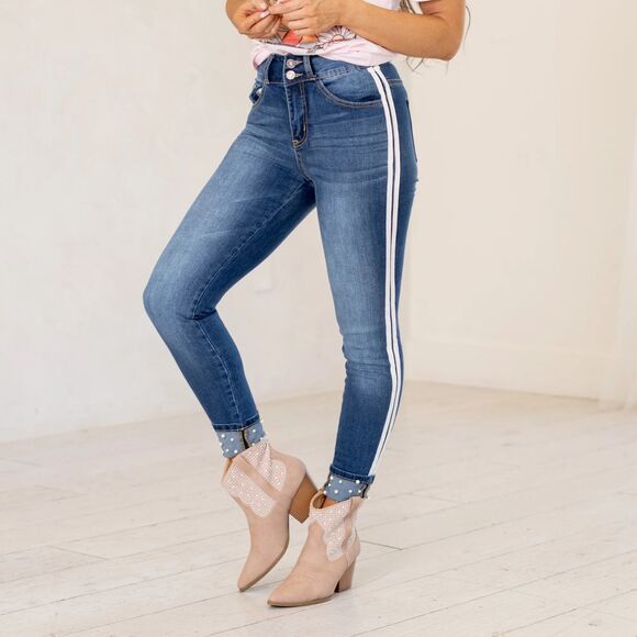KanCan Denim - KanCan Ankle Skinny Jeans Womens Size 9 / 28 Side Stripe Pearl Cuff Denim NWT